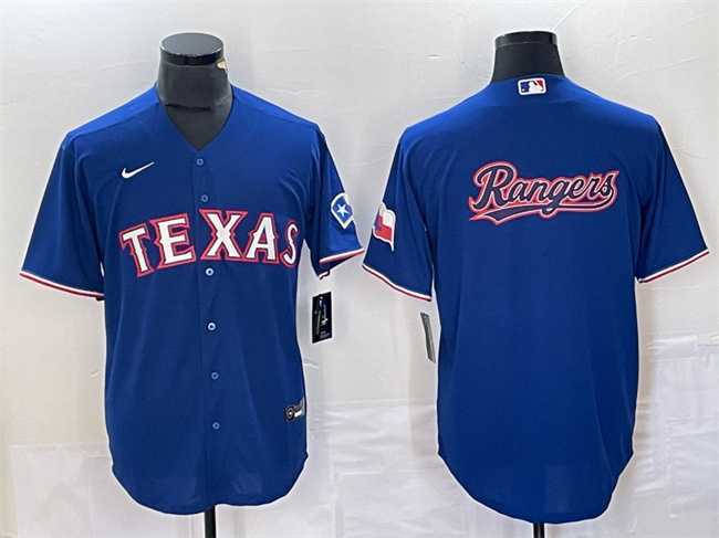 Men%27s Texas Rangers Royal Team Big Logo With Patch Cool Base Stitched Baseball Jersey